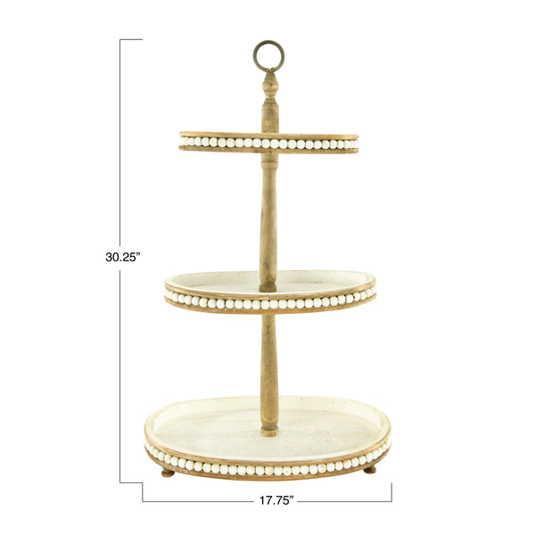 3-Tiered Decorative Beaded Trim Oval Wood Tray with Metal Loop Handle