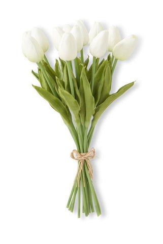 white real touch mini tulip bundle of 12 stems tied with natural raffia. 13.5"H reslistic blooms in a softcwhite with mid grern leaves 