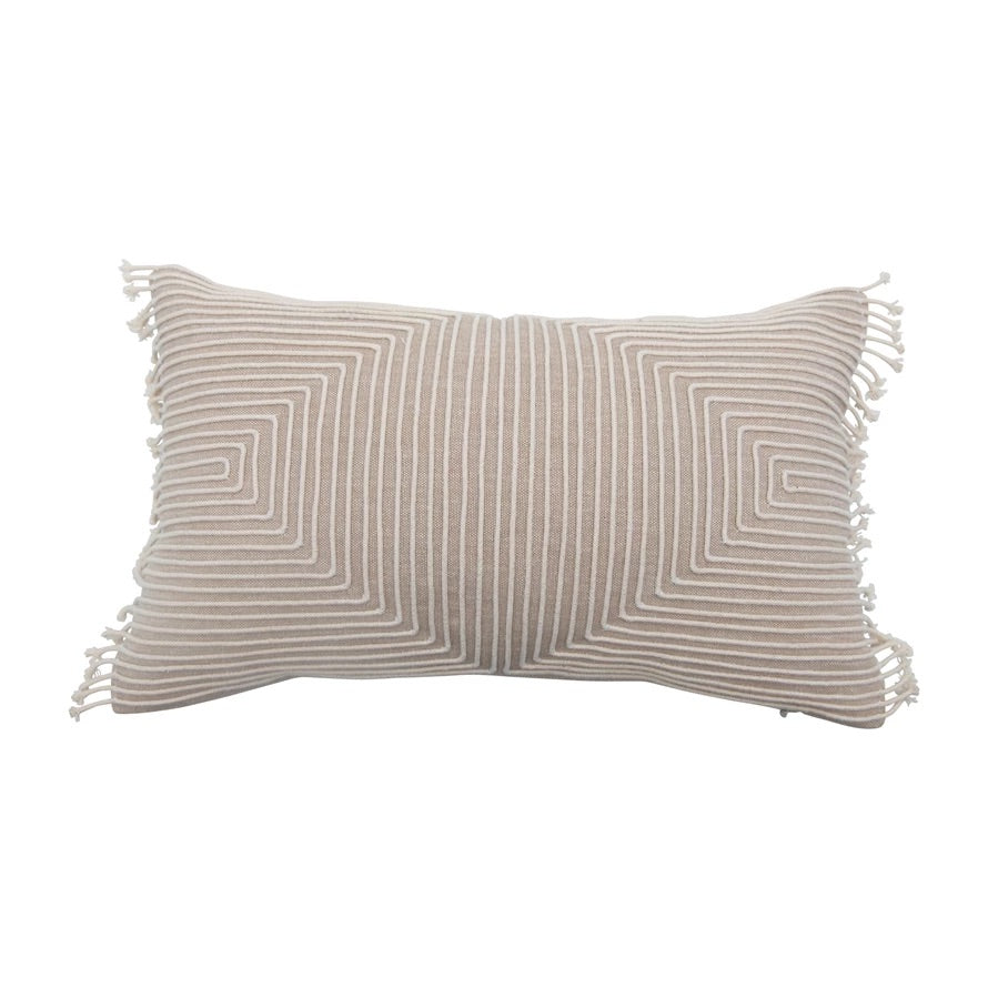 Cotton Chambray Appliqué Design Fringed Lumbar Pillow