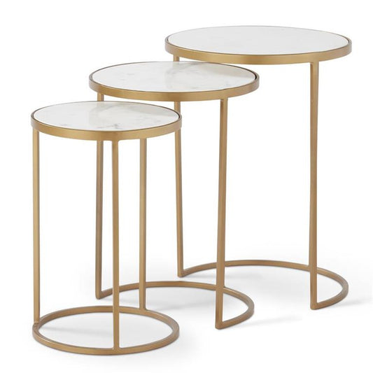 Round Gold Metal Nesting Tables w/White Marble Tops, Set of 3