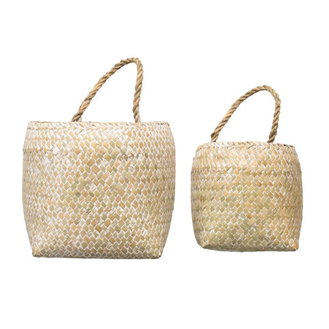 Seagrass whitewashed wall baskets with handle for hanging