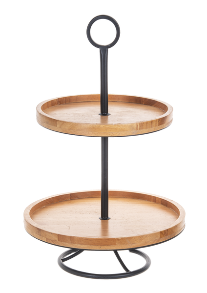 Two Tier Tray Wood with  Black Metal Pedestal Frame