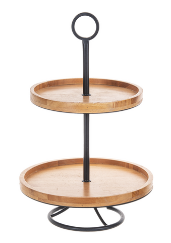 Two Tier Tray Wood with  Black Metal Pedestal Frame