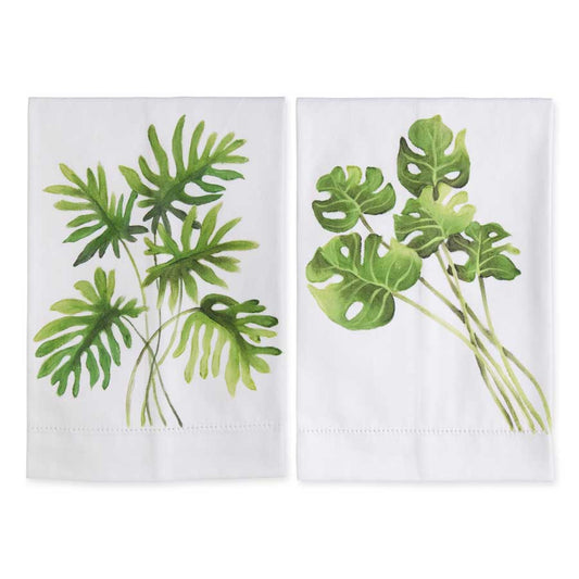 Split Leaf Philodendron Handpainted Cotton Guest Towels, 2 Styles 19.75"H x 14"W