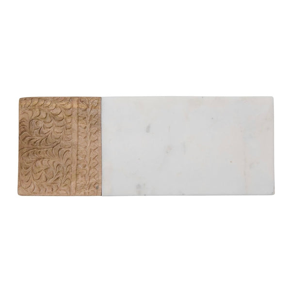 Rectangular Hand-Carved Natural Mango Wood & White Marble Serving Board, 12" Dia.