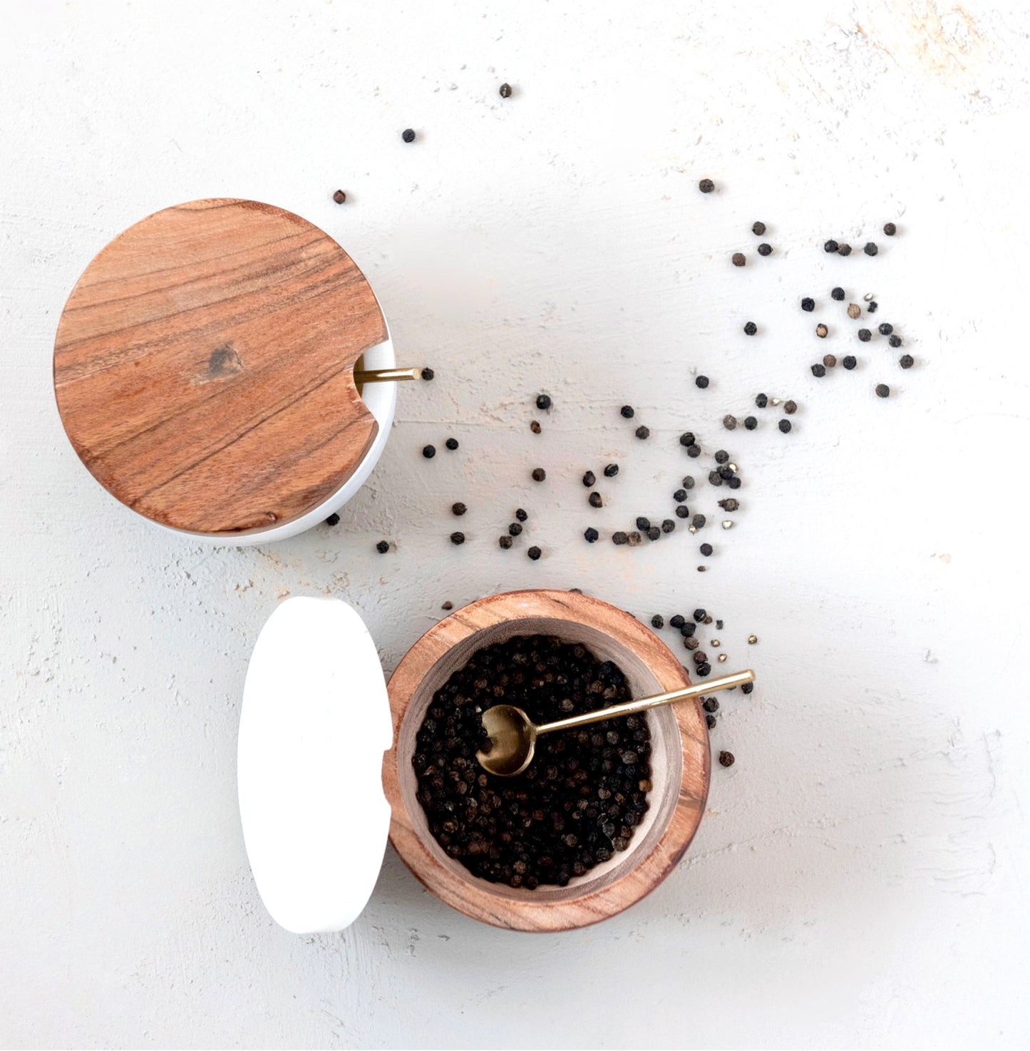 Marble & Wood Bowl w/ Lid & Brass Spoon, Set