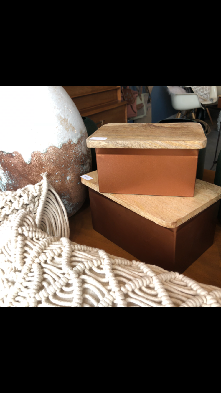 Metal Box w/ Wood Lid, Copper Finish
