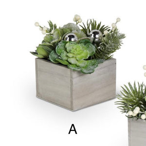 a washed wood box filled with Glittered Mixed Faux Succulents features hens and chicks accented with cream berries and small silver ornaments 