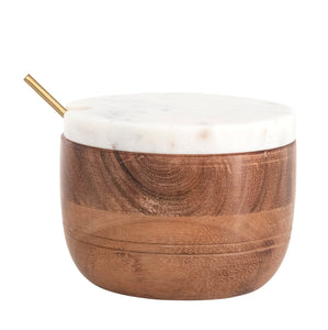 Marble & Wood Bowl w/ Lid & Brass Spoon, Set