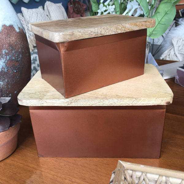Metal Box w/ Wood Lid, Copper Finish - Bower on Market