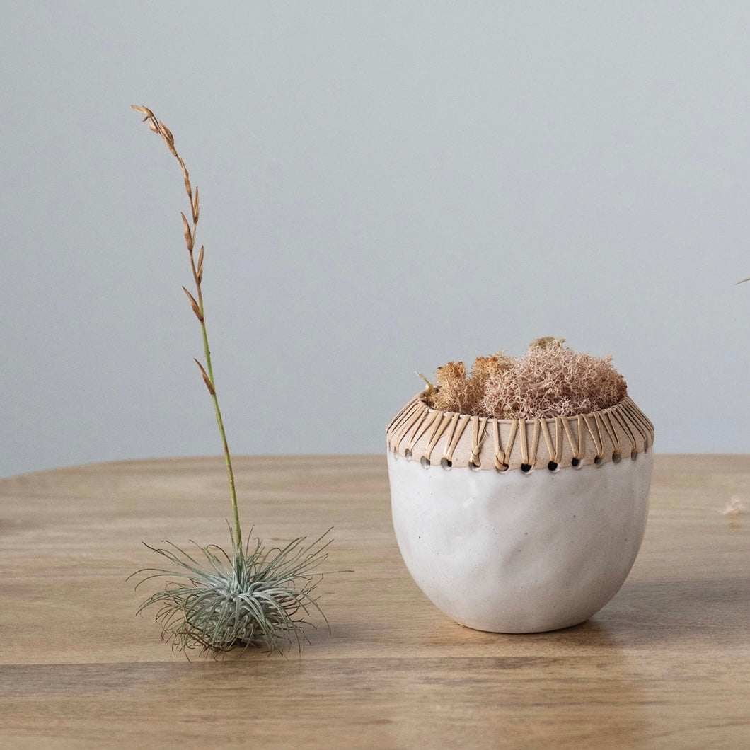 Stoneware Planter Pot w/ Rattan Stitching, White  (Holds 3" Pot)