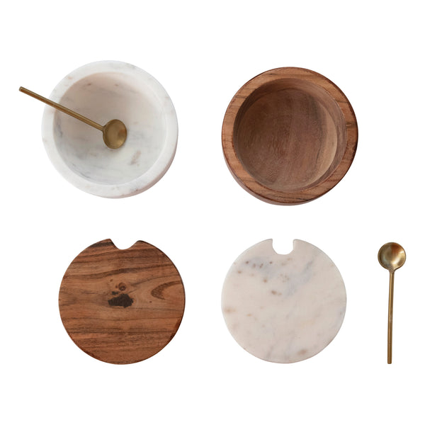 Marble & Wood Bowl w/ Lid & Brass Spoon 2 styles