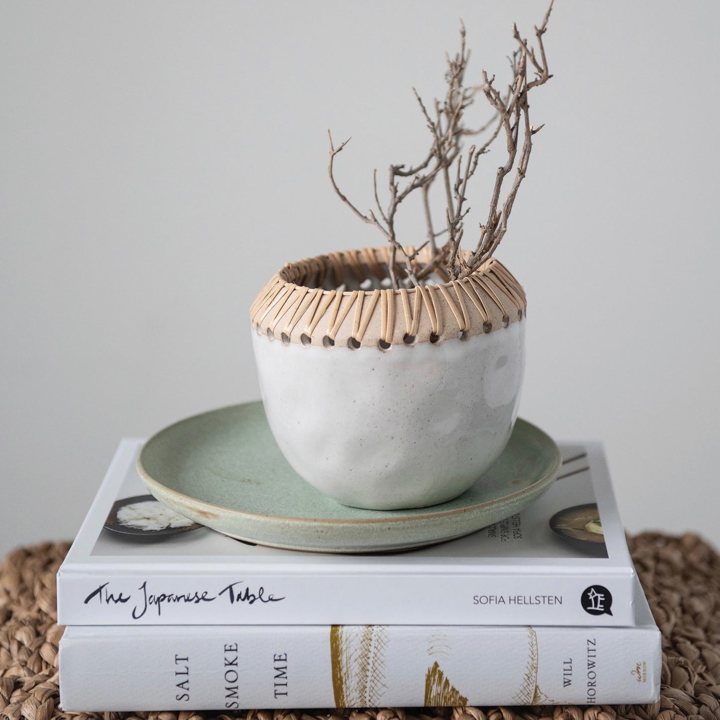 Stoneware Planter Pot w/ Rattan Stitching, White  (Holds 3" Pot)