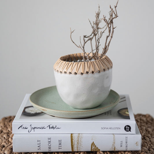 Stoneware Planter Pot w/ Rattan Stitching, White  (Holds 3" Pot)