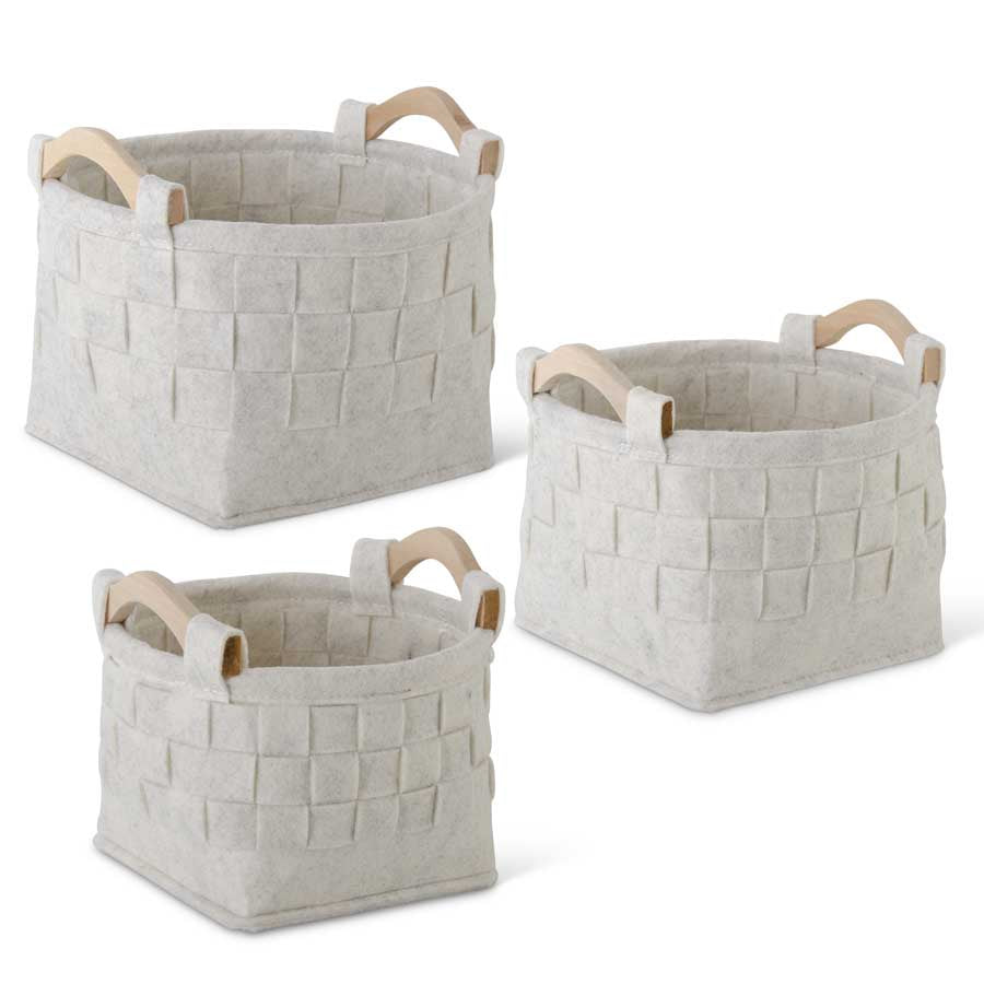 Round Woven Cream Felt Nesting Baskets w/Wood Handles