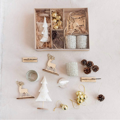 Candle Garden Kit w/ Cotton Trees, Pinecones, Tealight Holders, Laser Cut Figures & Glass Ball Ornaments, Boxed Set of 18