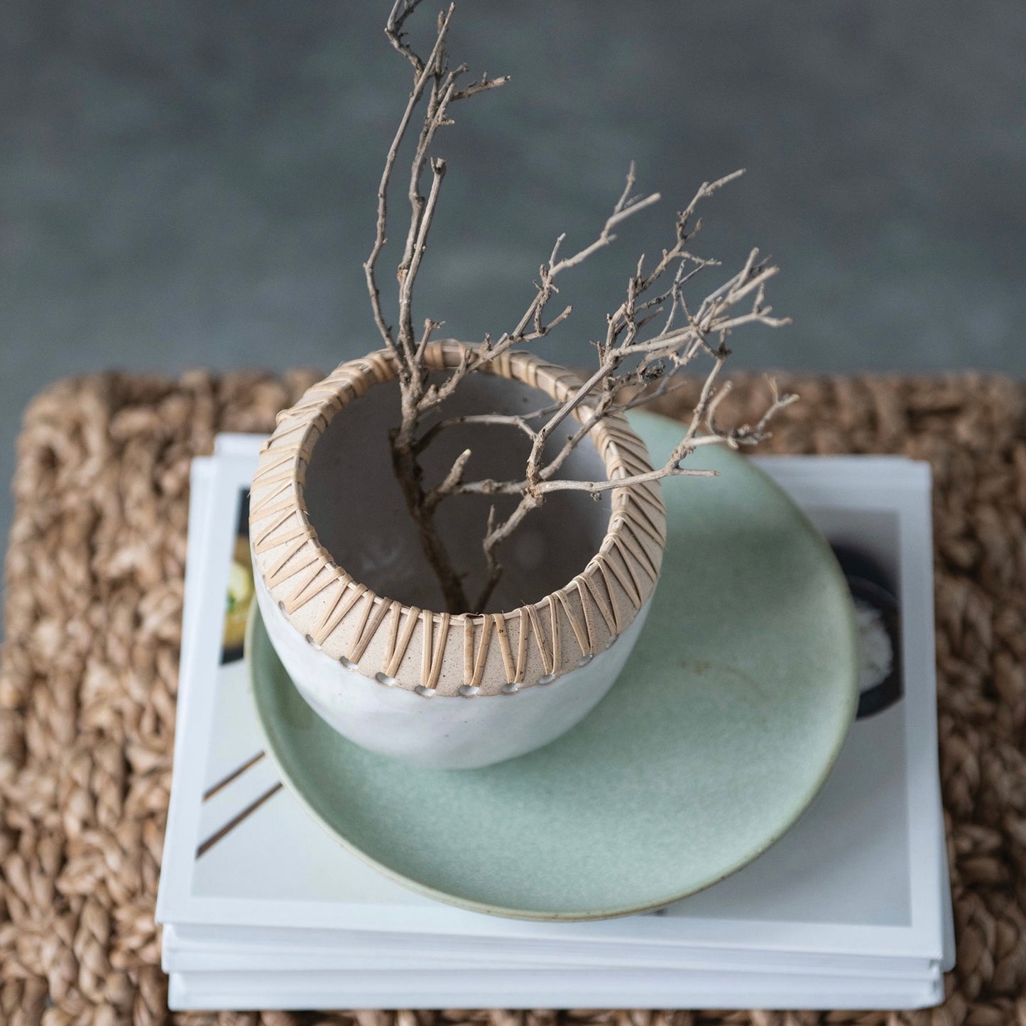 Stoneware Planter Pot w/ Rattan Stitching, White  (Holds 3" Pot)